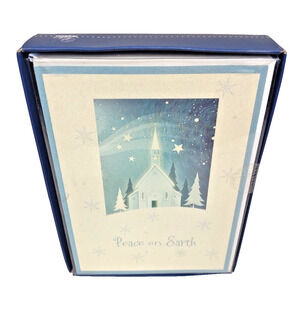 16 Christmas Holiday Greeting Cards & Envelopes Peace On Earth Blue Paper Images